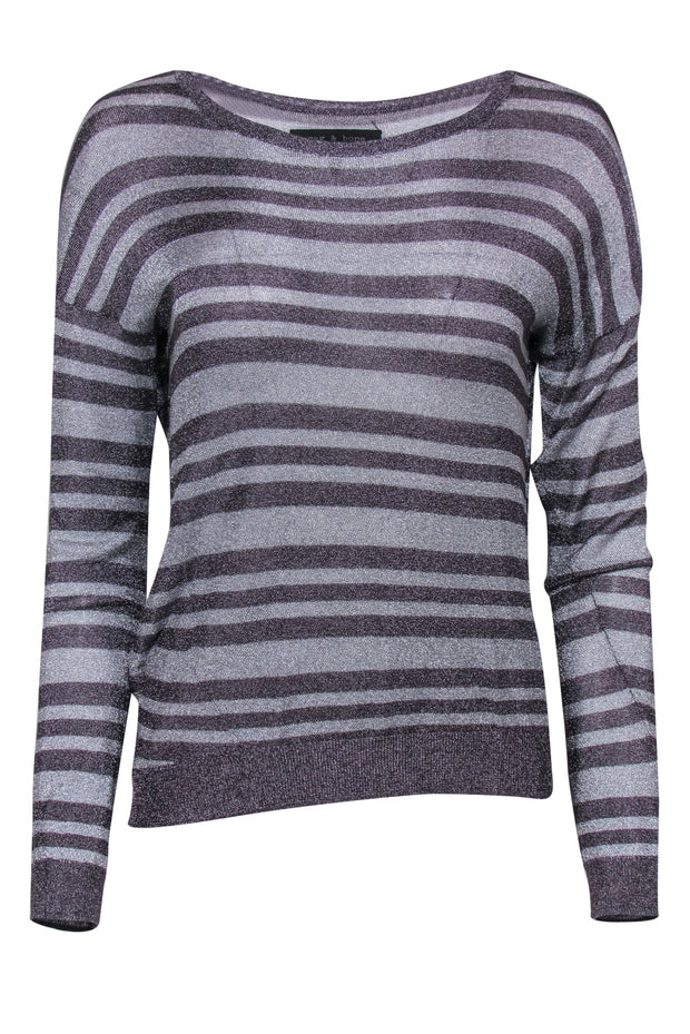 Current Boutique-Rag & Bone - Silver & Grey Sparkly Striped Long Sleeve Knit Top Sz S