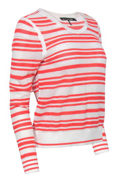 Current Boutique-Rag & Bone - White & Coral Striped Eyelet Knit Cotton Sweater Sz L