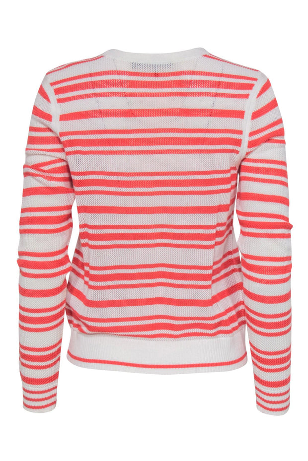 Current Boutique-Rag & Bone - White & Coral Striped Eyelet Knit Cotton Sweater Sz L