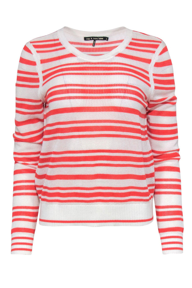 Current Boutique-Rag & Bone - White & Coral Striped Eyelet Knit Cotton Sweater Sz L