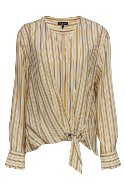 Current Boutique-Rag & Bone - Yellow, White & Grey Striped Long Sleeve High-Low Silk Wrap Blouse Sz L