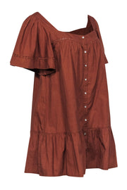 Current Boutique-Rahi - Burnt Orange Button-Up Shift Dress w/ Floral Lace Trim & Peplum Hem Sz M