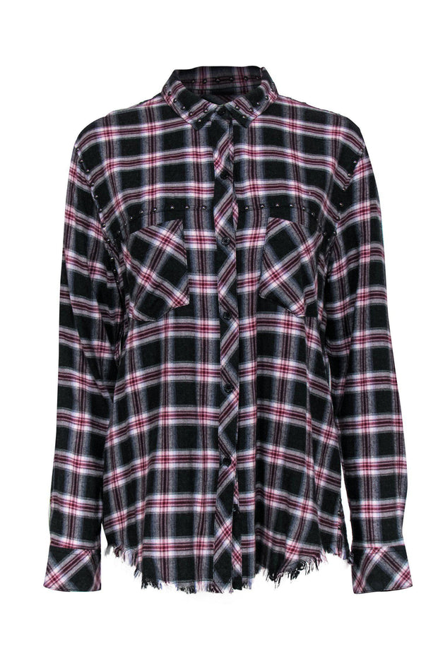 Current Boutique-Rails - Black, White & Red Plaid Long Sleeve Button-Up Blouse w/ Studded Trim Sz M