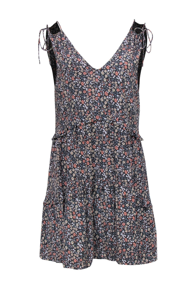 Current Boutique-Rails - Grey Tiered Floral Print Mini Dress w/ Tie Shoulder Straps Sz XS