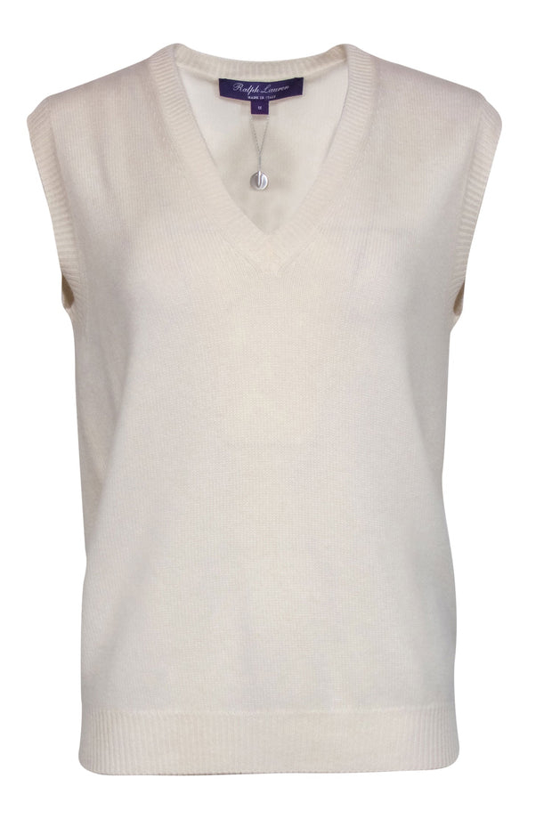 Current Boutique-Ralph Lauren - Cream Cashmere V-Neck Sweater Vest Sz M