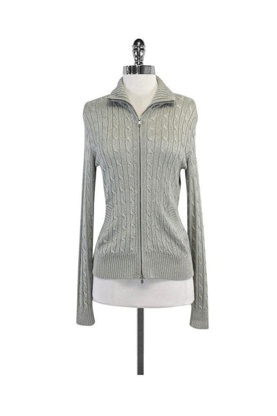 Current Boutique-Ralph Lauren - Silver Metallic Cable Knit Zip Jacket Sz M