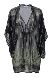 Current Boutique-Ramy Brook - Black, Purple & Green Paisley Print Sheer Kaftan Cover-Up Sz M