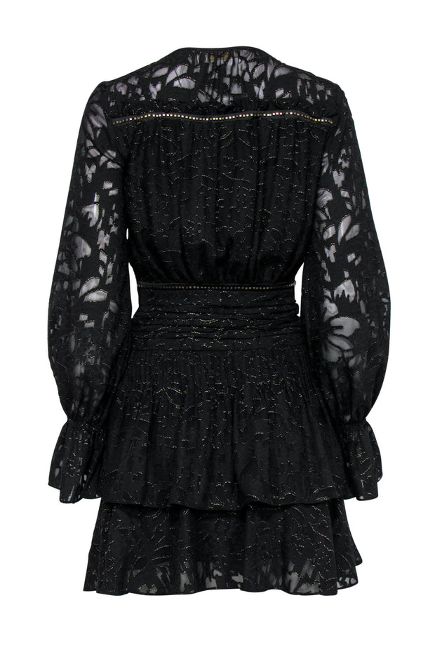 Current Boutique-Ramy Brook - Black Ruffle Peasant Dress w/ Golden Texture Sz 0