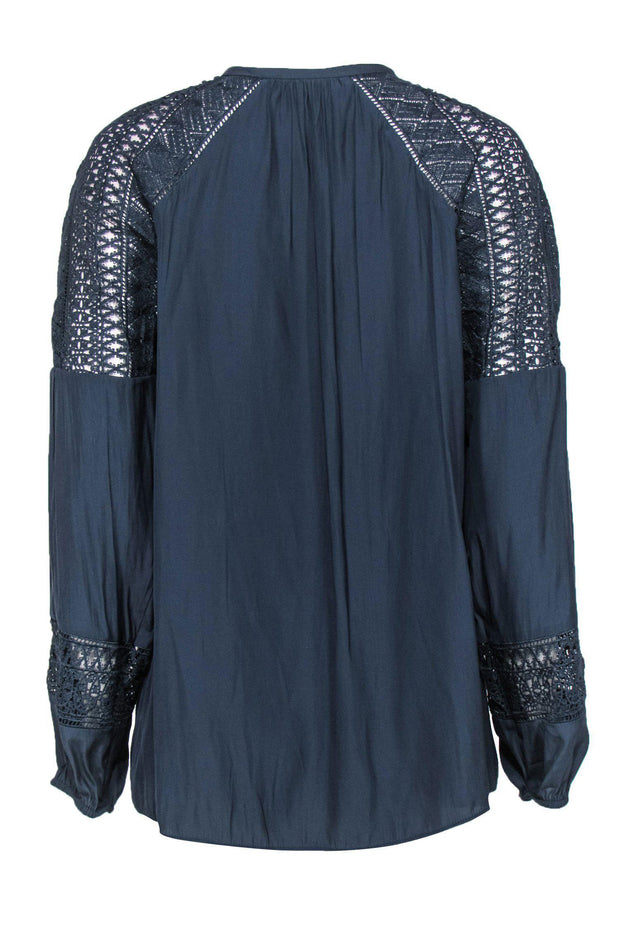 Current Boutique-Ramy Brook - Navy Long Sleeve Blouse w/ Eyelet Trim & Tassels Sz L