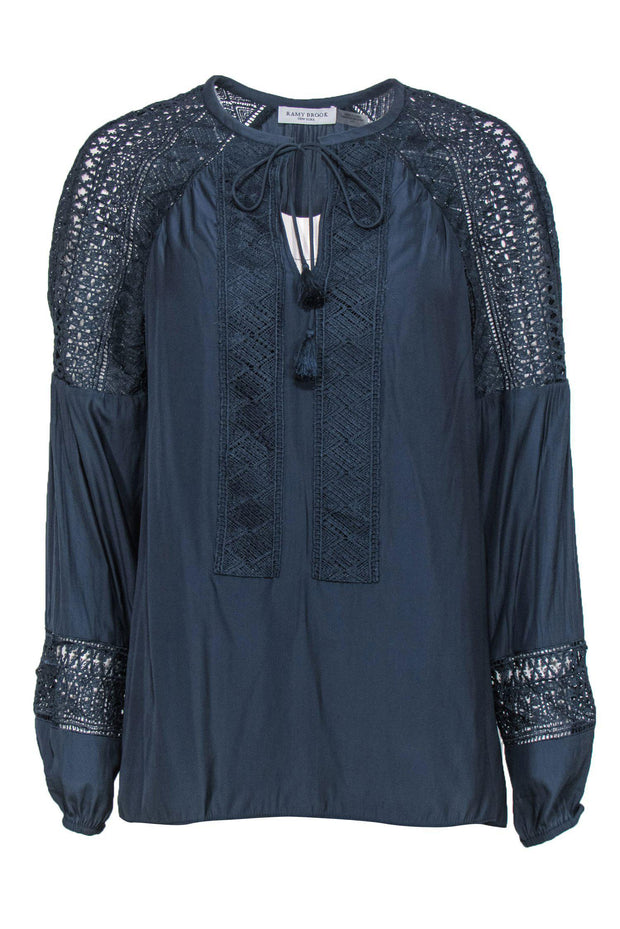 Current Boutique-Ramy Brook - Navy Long Sleeve Blouse w/ Eyelet Trim & Tassels Sz L