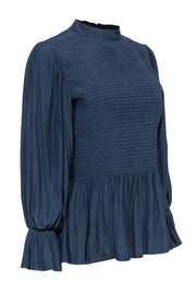 Current Boutique-Ramy Brook - Navy Smocked Peplum Long Sleeve Top w/ Mock Neckline Sz L