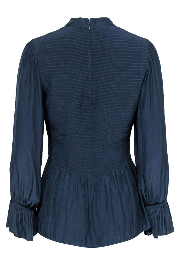 Current Boutique-Ramy Brook - Navy Smocked Peplum Long Sleeve Top w/ Mock Neckline Sz L