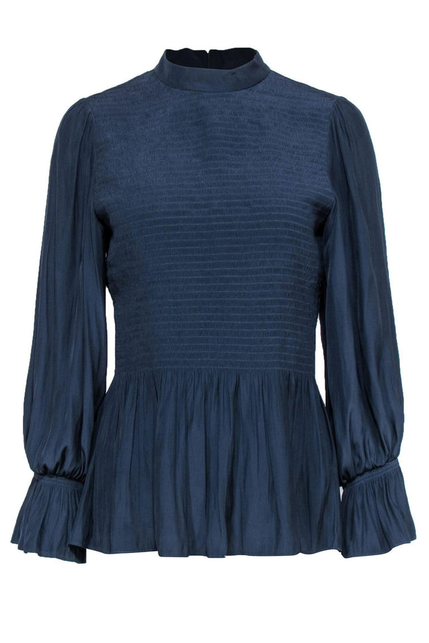 Current Boutique-Ramy Brook - Navy Smocked Peplum Long Sleeve Top w/ Mock Neckline Sz L