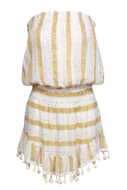 Current Boutique-Ramy Brook - White & Gold Sparkly Striped Strapless Dress w/ Pom-Pom Trim Sz XS