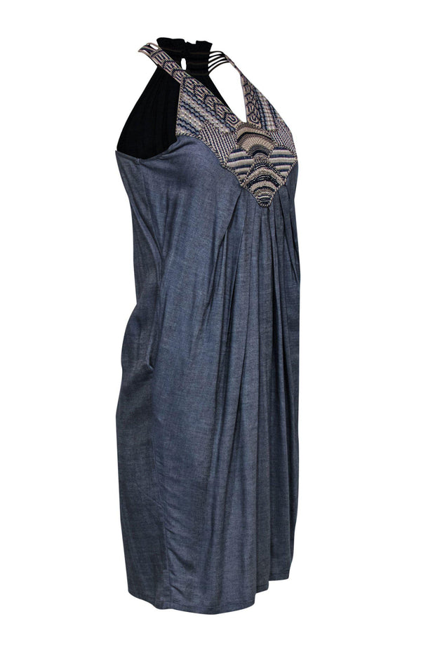 Current Boutique-Ranna Gill - Blue Chambray Sleeveless Shift Dress w Embroidered Neckline Sz XS