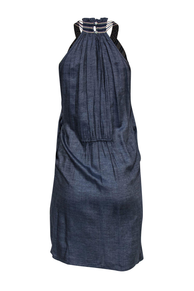 Current Boutique-Ranna Gill - Blue Chambray Sleeveless Shift Dress w Embroidered Neckline Sz XS