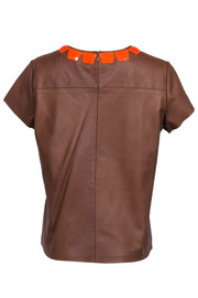 Current Boutique-Raoul - Brown Leather Short Sleeve Top w/ Orange Gem Collar Sz XL