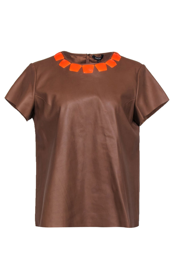 Current Boutique-Raoul - Brown Leather Short Sleeve Top w/ Orange Gem Collar Sz XL