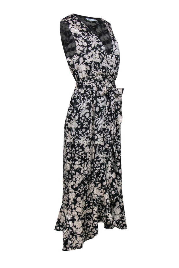 Current Boutique-Rebecca Minkoff - Black & Cream Floral Ruffled Faux Wrap "Assia" Maxi Dress Sz M