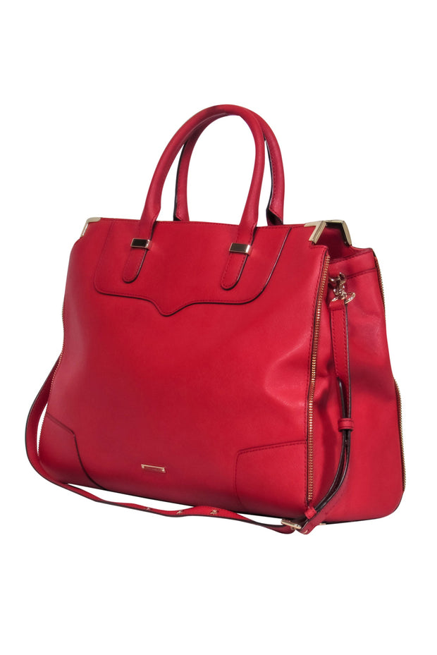 Current Boutique-Rebecca Minkoff - Bright Red Leather Double Handle Convertible Tote w/ Zipper Trim