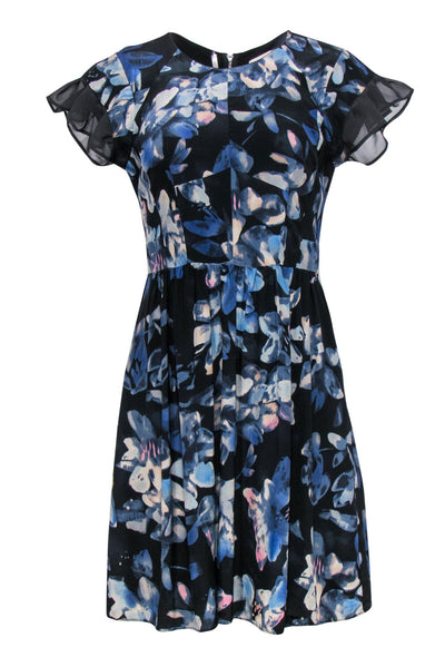 Current Boutique-Rebecca Taylor - Black & Blue Floral Flutter Sleeve Dress Sz 6