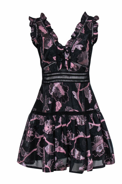 Current Boutique-Rebecca Taylor - Black & Blush Metallic Floral Fit & Flare Dress w/ Lace Cutouts Sz 8