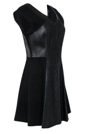 Current Boutique-Rebecca Taylor - Black Coated Tweed & Leather Flared Dress Sz 8