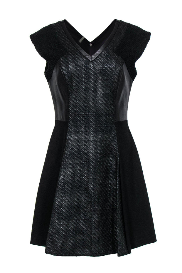 Current Boutique-Rebecca Taylor - Black Coated Tweed & Leather Flared Dress Sz 8