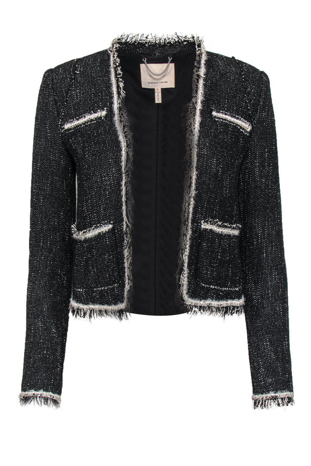 Current Boutique-Rebecca Taylor - Black & Cream Fringed Tweed Jacket w/ Chain Trim Sz 0