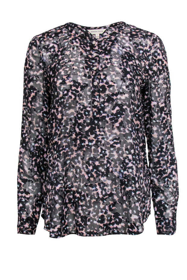 Current Boutique-Rebecca Taylor - Black & Pink Floral Print Long Sleeve Blouse Sz 6