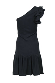 Current Boutique-Rebecca Taylor - Black Ribbed Knit One-Shoulder Bodycon Dress w/ Ruffles Sz XS