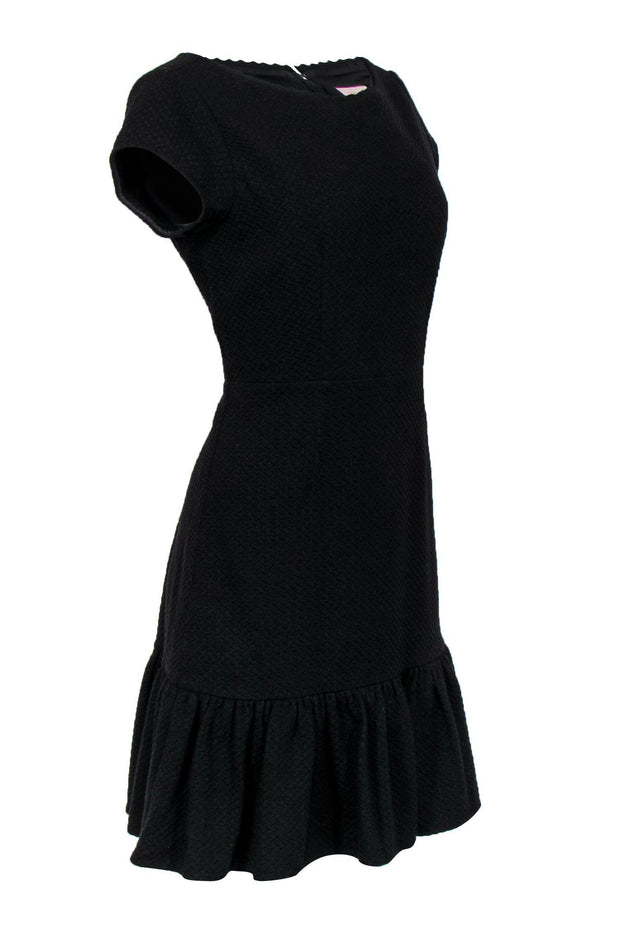 Current Boutique-Rebecca Taylor - Black Textured Cap Sleeve Fit & Flare Dress w/ Flounce Hem Sz 8
