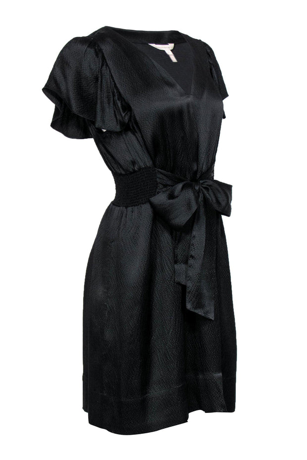 Current Boutique-Rebecca Taylor - Black Textured Silk Dress w/ Ruffle Sleeves & Cinch Waist Sz 12