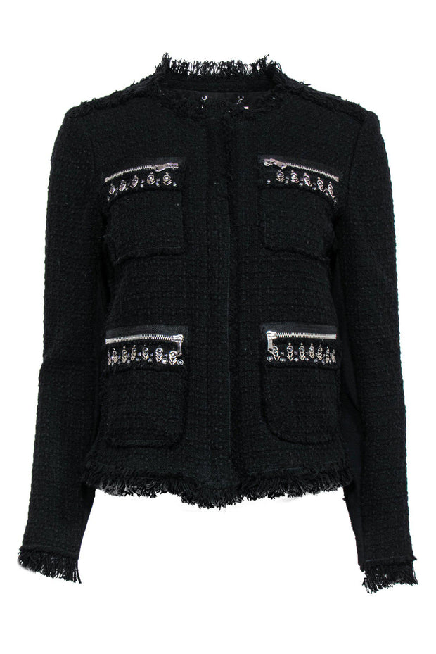 Current Boutique-Rebecca Taylor - Black Tweed Zip-Up Jacket w/ Silver Beaded Trim Sz 6