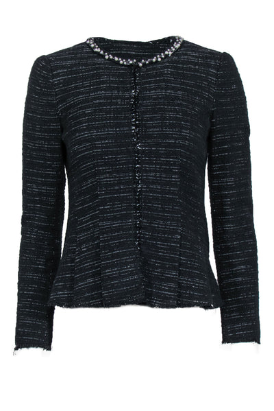 Current Boutique-Rebecca Taylor - Black & White Tweed Jacket w/ Pearl & Embroidered Neckline Sz 0