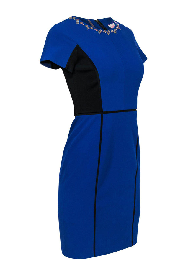 Current Boutique-Rebecca Taylor - Blue & Black Paneled Short Sleeve Sheath Dress w/ Studded Neckline Sz 2