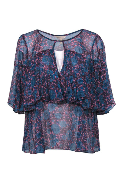 Current Boutique-Rebecca Taylor - Blue & Pink Floral Print Cap Sleeve Silk Blouse w/ Flounce Sz 10