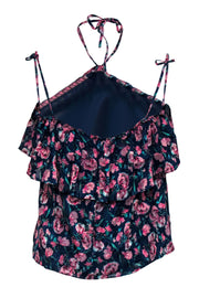 Current Boutique-Rebecca Taylor - Blue & Pink Floral Print Strappy Halter Tank w/ Flounce Hem Sz 8