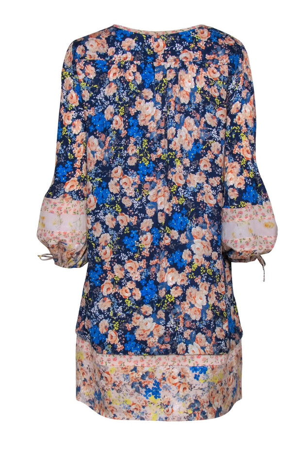 Current Boutique-Rebecca Taylor - Blue & Pink Rose Printed Textured Shift Dress Sz 6