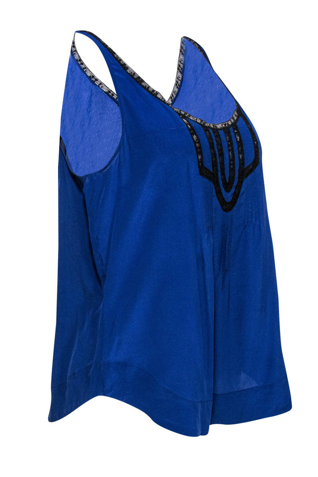 Current Boutique-Rebecca Taylor - Blue Silk Tank w/ Black Lace Trim Sz 8