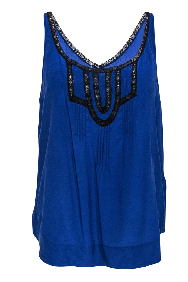 Current Boutique-Rebecca Taylor - Blue Silk Tank w/ Black Lace Trim Sz 8