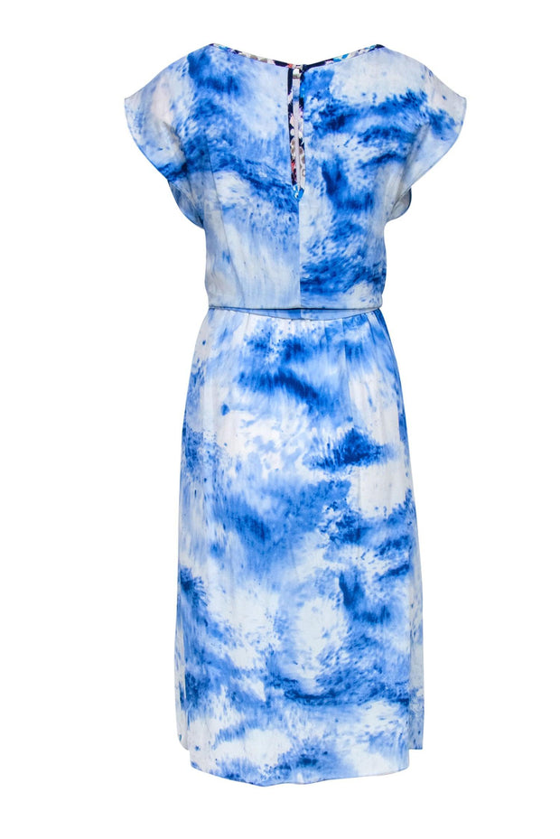 Current Boutique-Rebecca Taylor - Blue & White Marbled Tie-Waist Dress w/ Contrasting Trim Sz 6