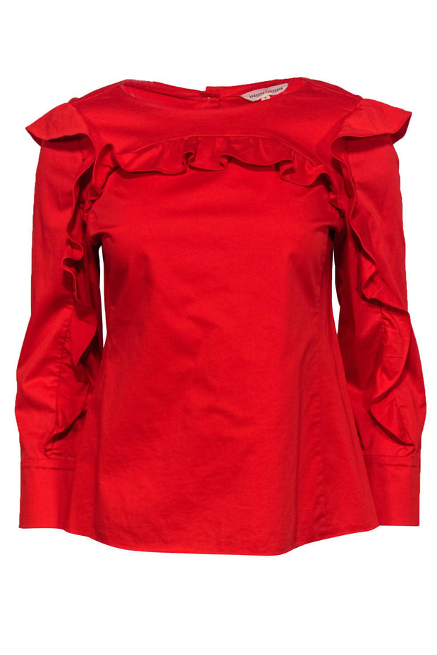 Current Boutique-Rebecca Taylor - Bright Red Cotton Ruffle Long Sleeve Top Sz 8