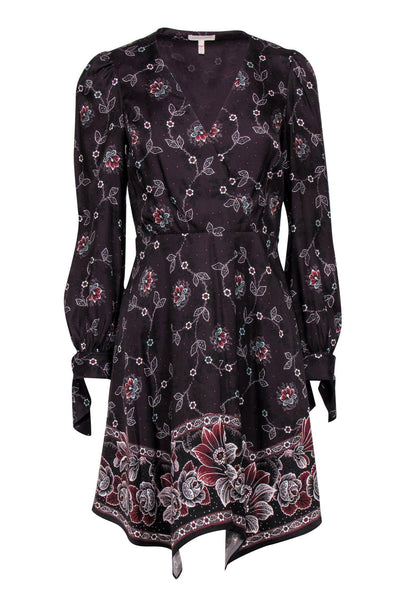 Current Boutique-Rebecca Taylor - Burgundy Floral Print Fit & Flare Dress w/ Scarf Hem Sz 4
