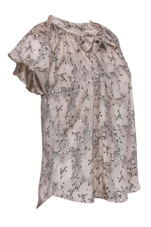 Current Boutique-Rebecca Taylor - Cream Textured Silk Top w/ Dainty Black Floral Print Sz 6