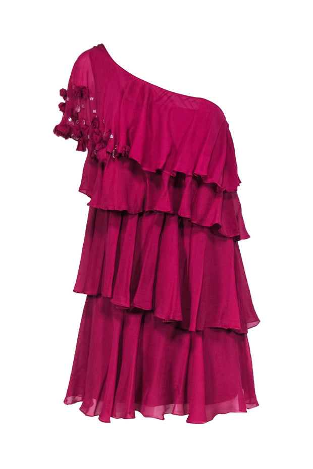 Current Boutique-Rebecca Taylor - Fuchsia Silk Tiered One-Shoulder Dress Sz 4