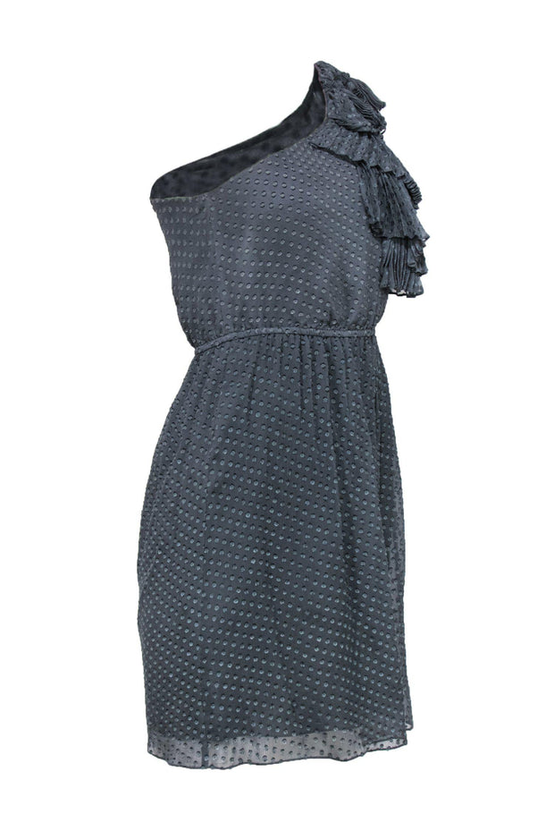 Current Boutique-Rebecca Taylor - Grey Polka Dot One-Shoulder Pleated Dress Sz 0