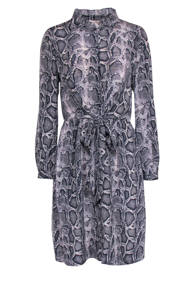 Current Boutique-Rebecca Taylor - Grey Snakeskin Print Tied Silk Shirtdress Sz 6