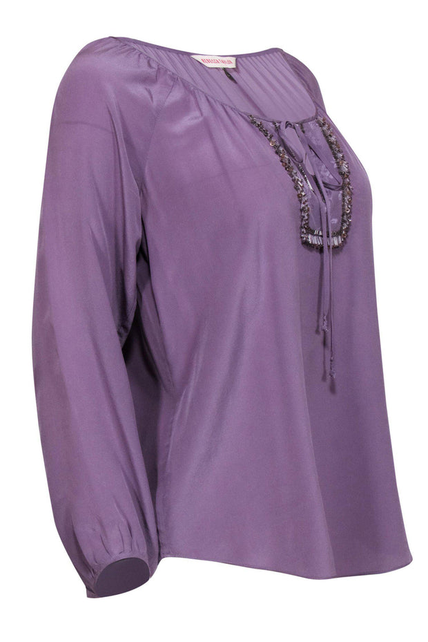 Current Boutique-Rebecca Taylor - Lavender Silk Long Sleeve Blouse w/ Beaded & Floral Neckline Sz 6