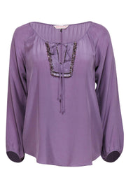 Current Boutique-Rebecca Taylor - Lavender Silk Long Sleeve Blouse w/ Beaded & Floral Neckline Sz 6